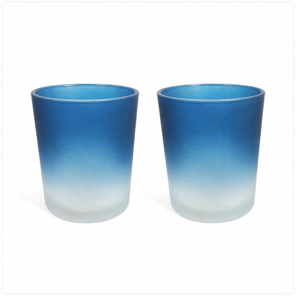 Lot of 2 Ombre Gradient Glass Candle Holder 3.5" x 4" Modern Coastal Nautical